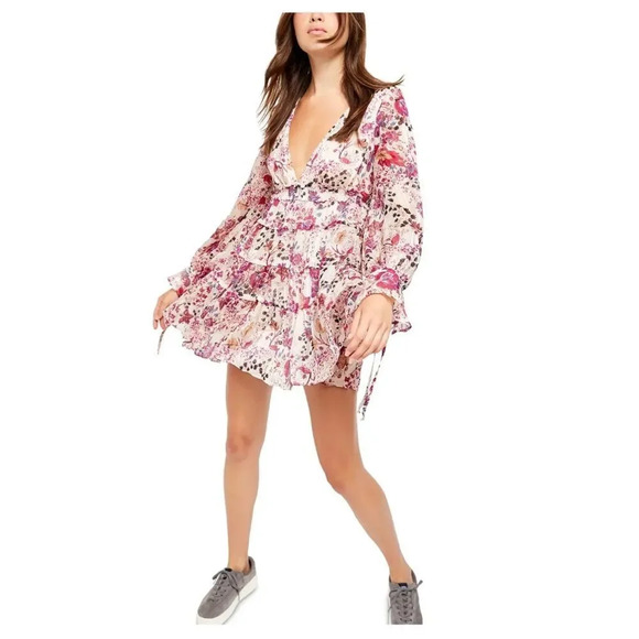 Free People Dresses & Skirts - Free People Pink Closer to the Heart Tiered Floral Mini Dress in Cream Combo Med